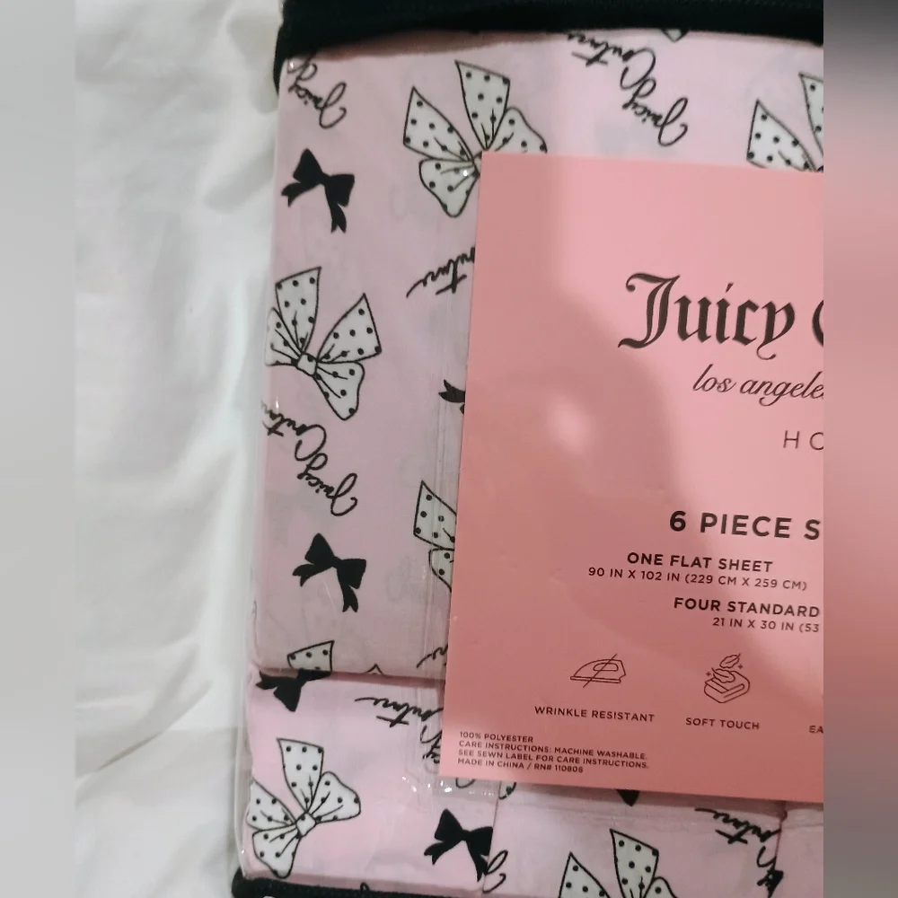 New Juicy Couture Pink/ Black Bow 6-Piece Sheet Set - Queen
